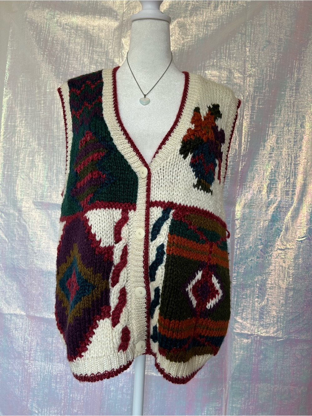 Vintage Chunky Cream Multi-Color Hand Knit Button Sweater Vest. Size L.